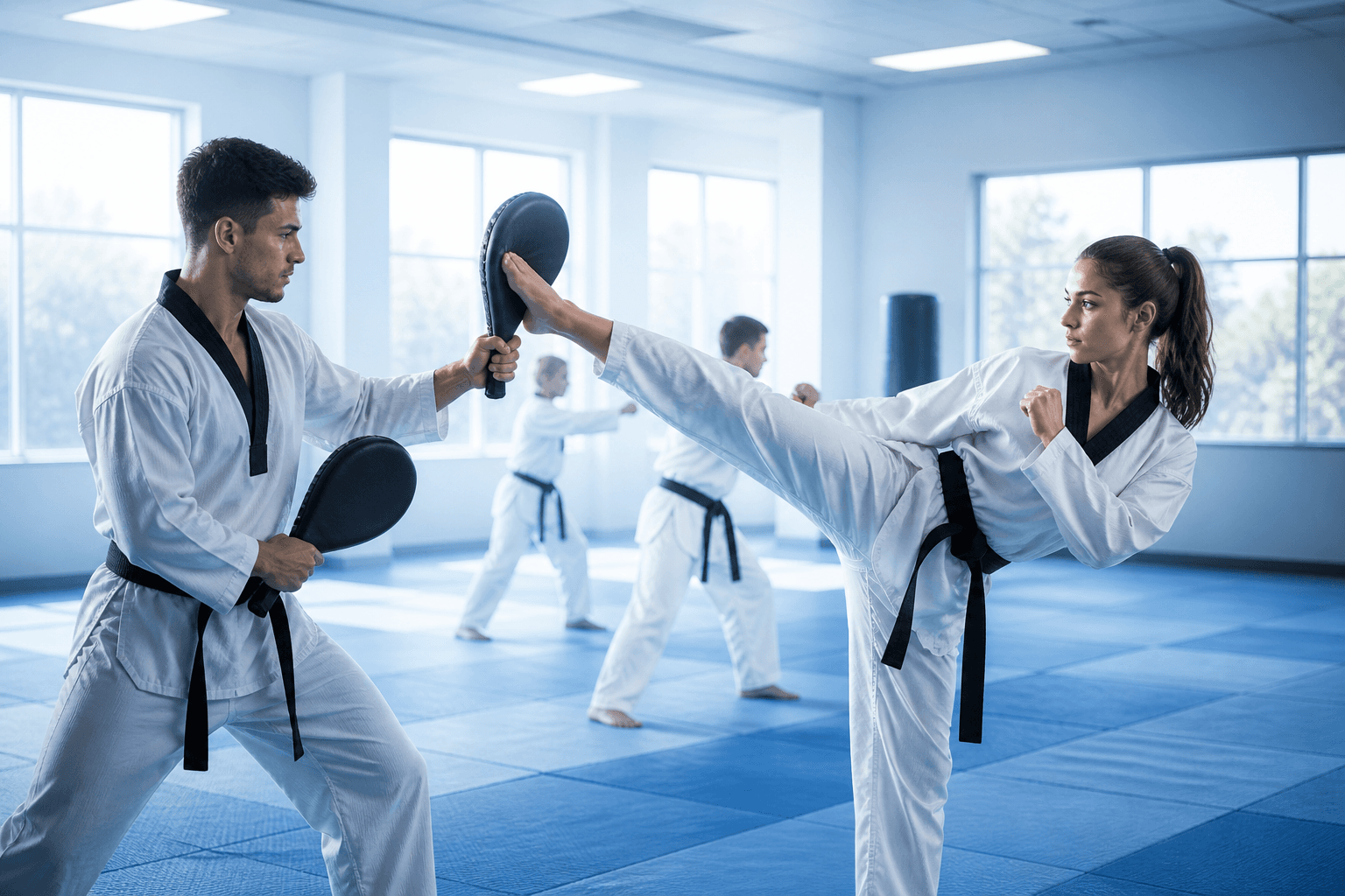 Training in der Halle: Praxis mit Pratzen und schwarzen Gürteln